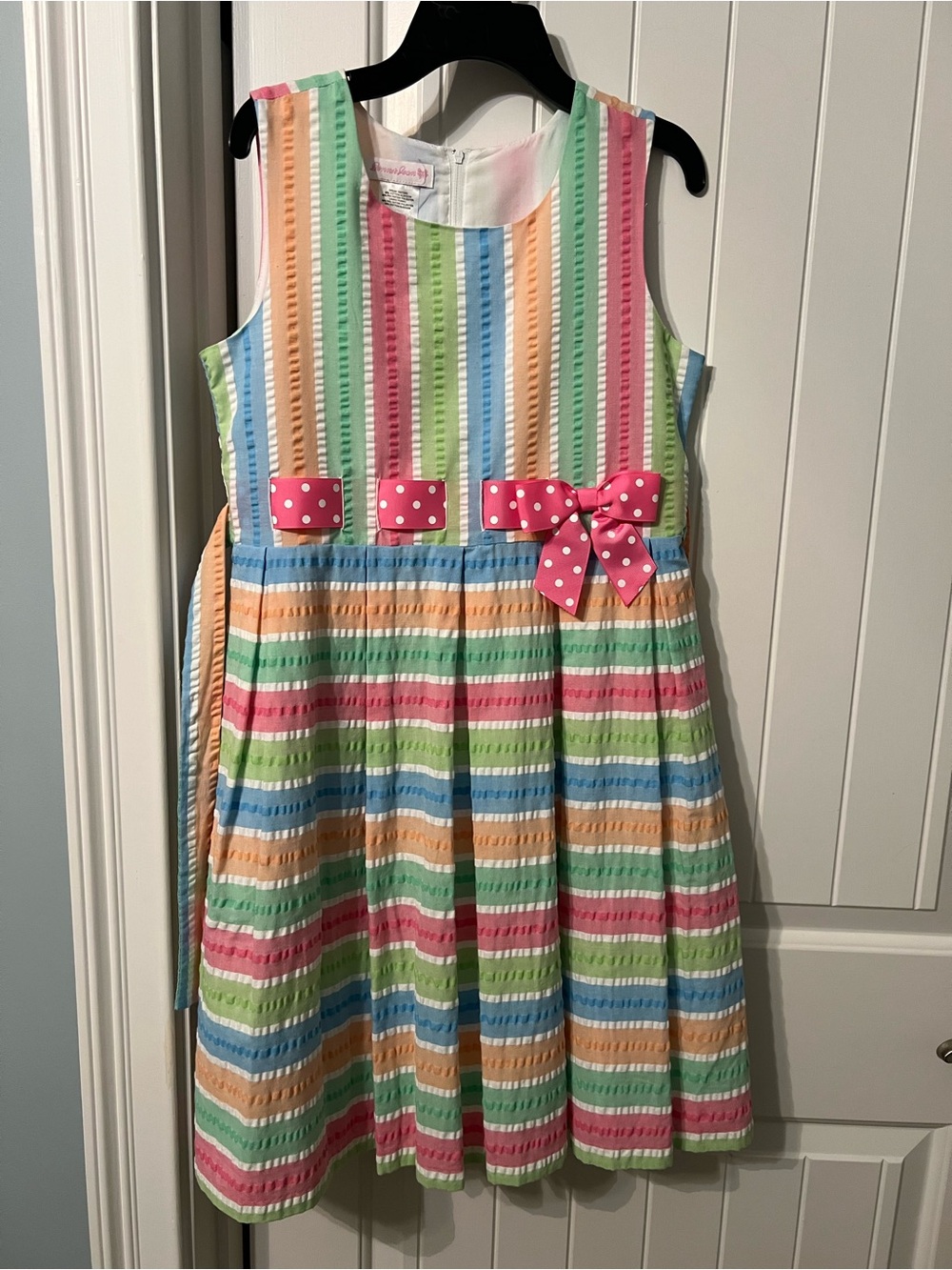 Bonnie Jeann Girls 16 Striped Seersucker Dress with Pink Bow